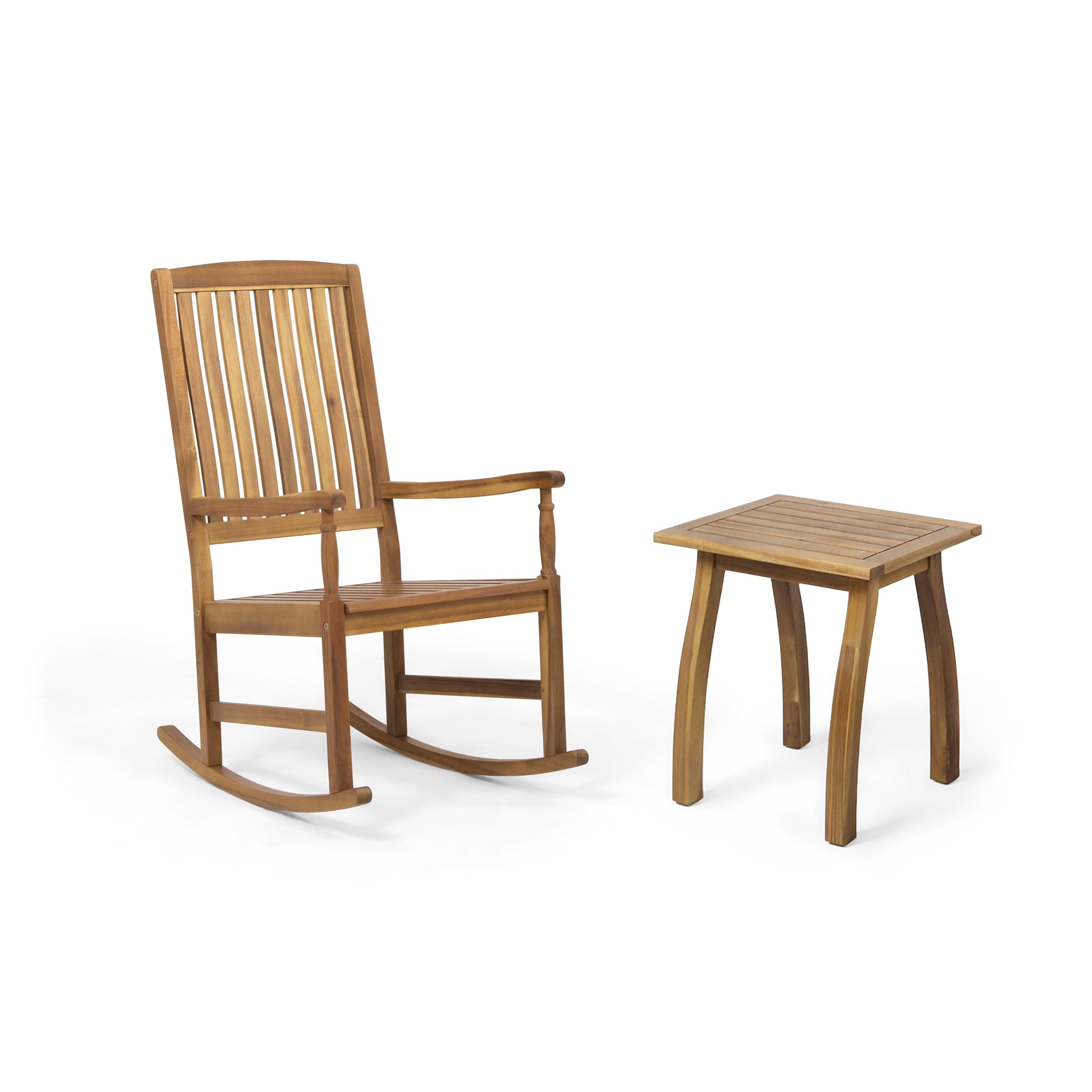 Tobey Outdoor Acacia Wood Rocking Chair and Side Table Set