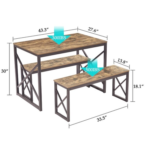 3-Piece Dining Set with Wood Table and 2 Benches