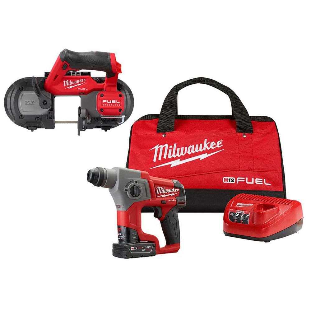 MW M12 FUEL 12V Lithium-Ion Brushless Cordless 58 in. SDS-Plus Rotary Hammer Kit with M12 FUEL Compact Band Saw 2416-21XC-2529-20