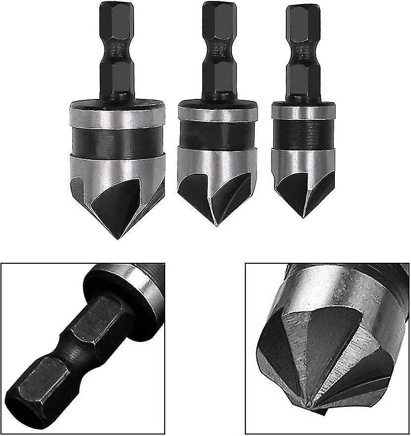 Botao Hex Shank Chamfer Tool Cutter Chamfering Countersink Drill Bit For Wood Plastic Openings(3pcs， Gray)