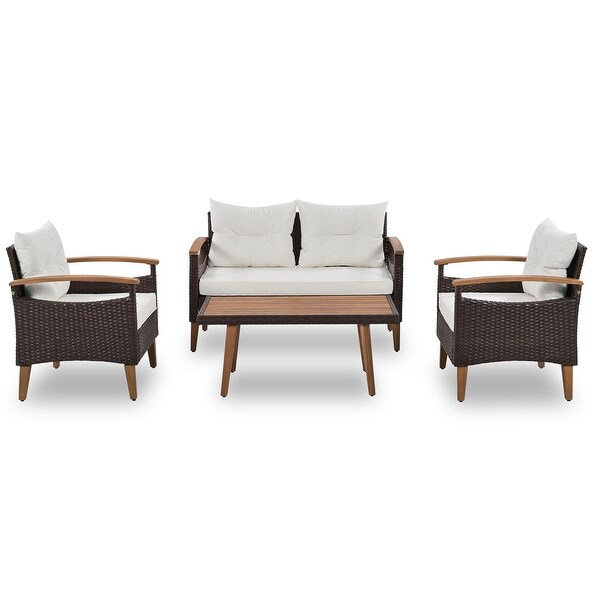 4-Piece PE Rattan Patio Sofa Set， Wood Table and Legs - Overstock - 37510667