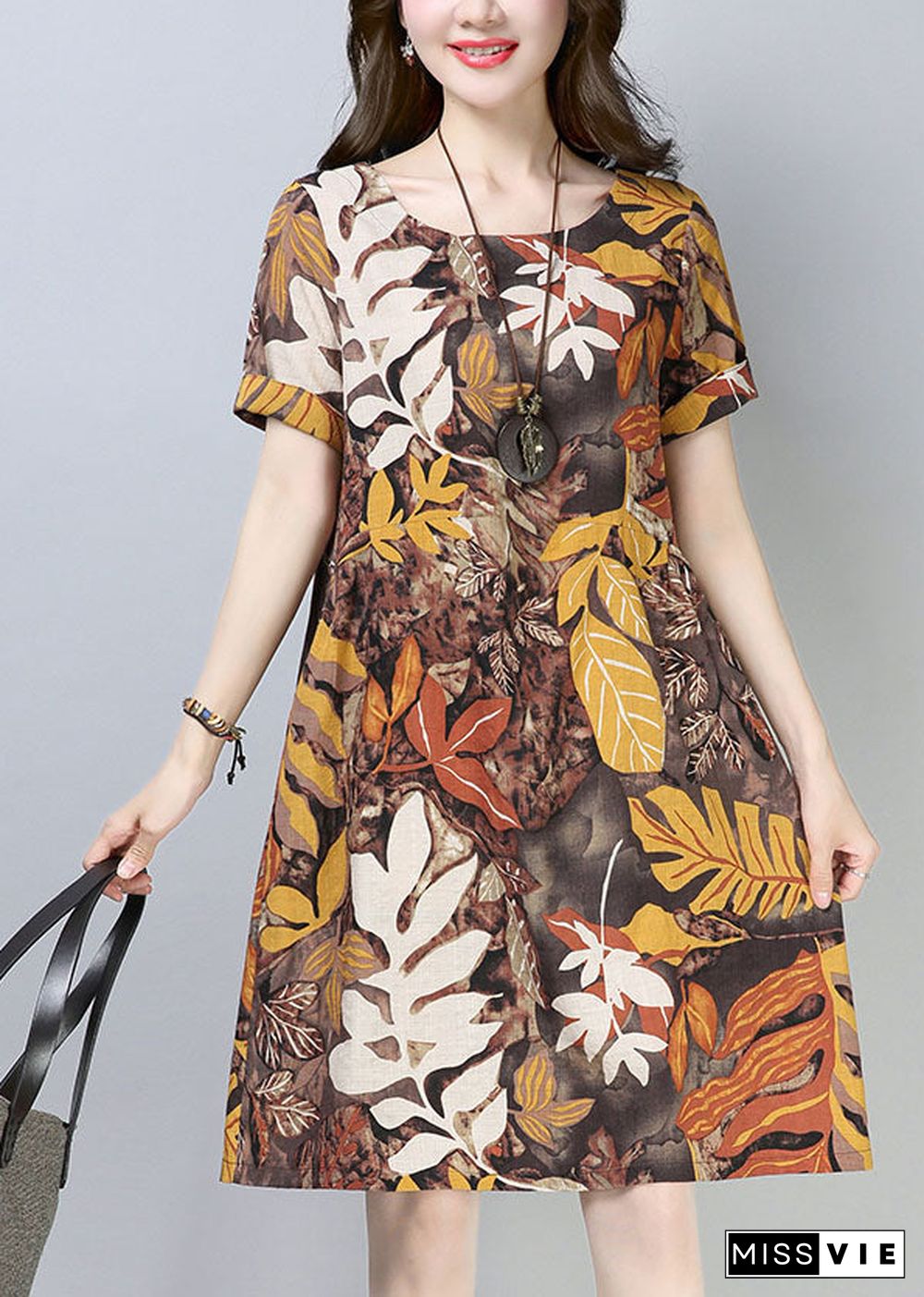 Italian Chocolate O-Neck Leaf Print Cotton Party Dress Short Sleeve