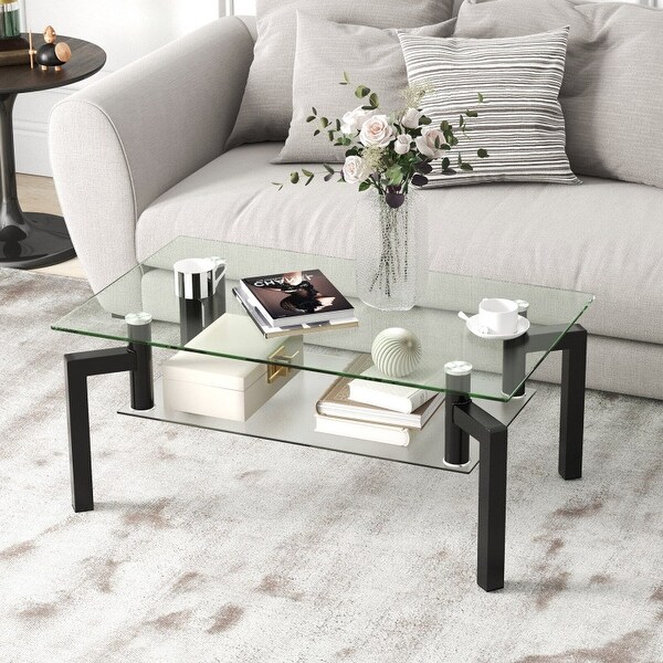 2-Tier Rectangular Glass Coffee Table with Metal Tube Legs-Black - 39.5