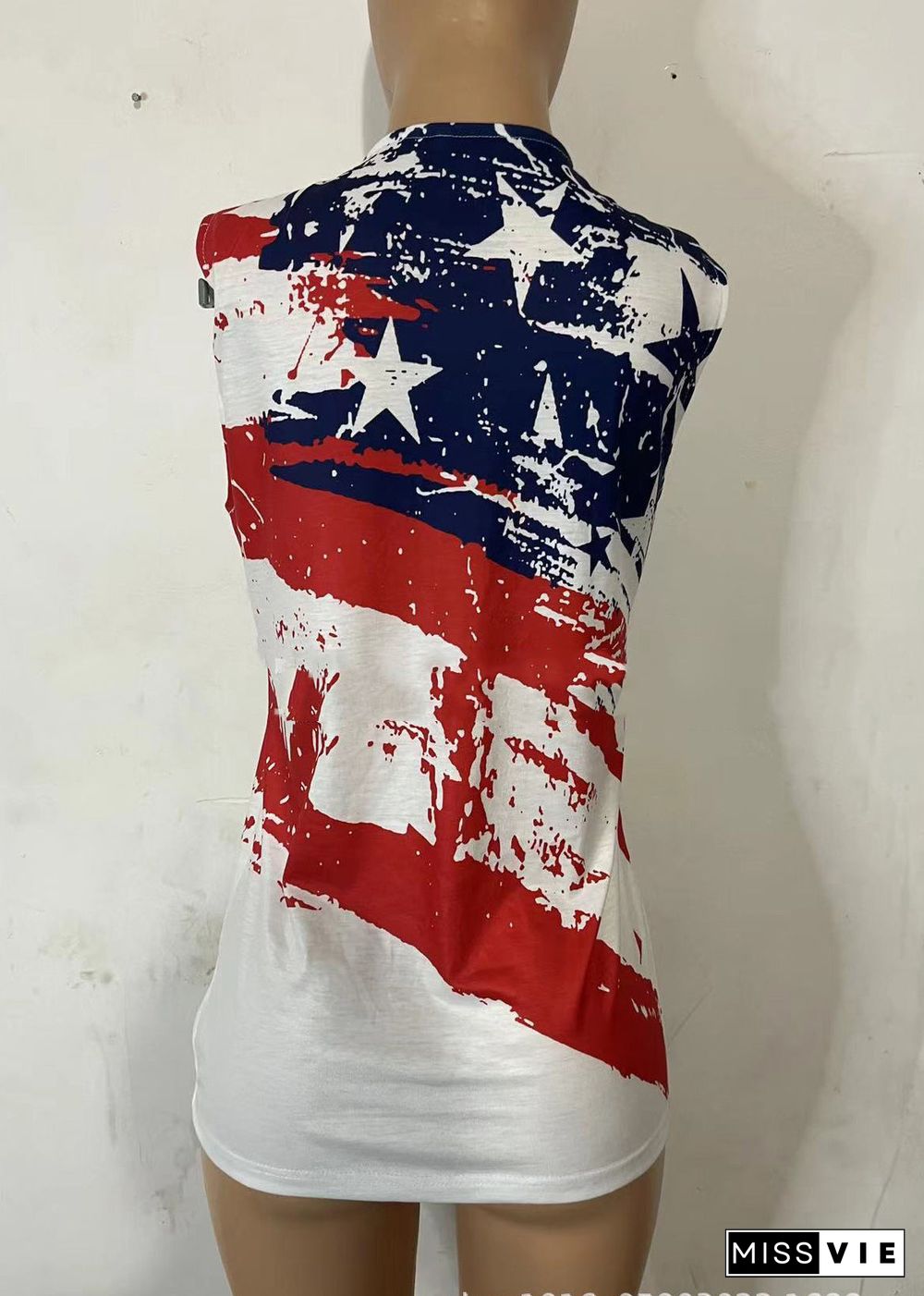 Bohemian Red O-Neck Flag Print Cotton Tank Top Sleeveless