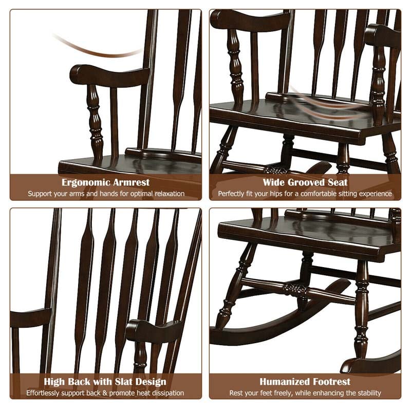 Solid Wood Glossy Finish Rocking Chair, Indoor & Outdoor Rocker for Porch Patio Backyard