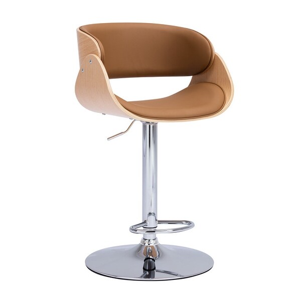 Adjustable Swivel Bar Stool， PU Leather Brown Wood Bar Chair