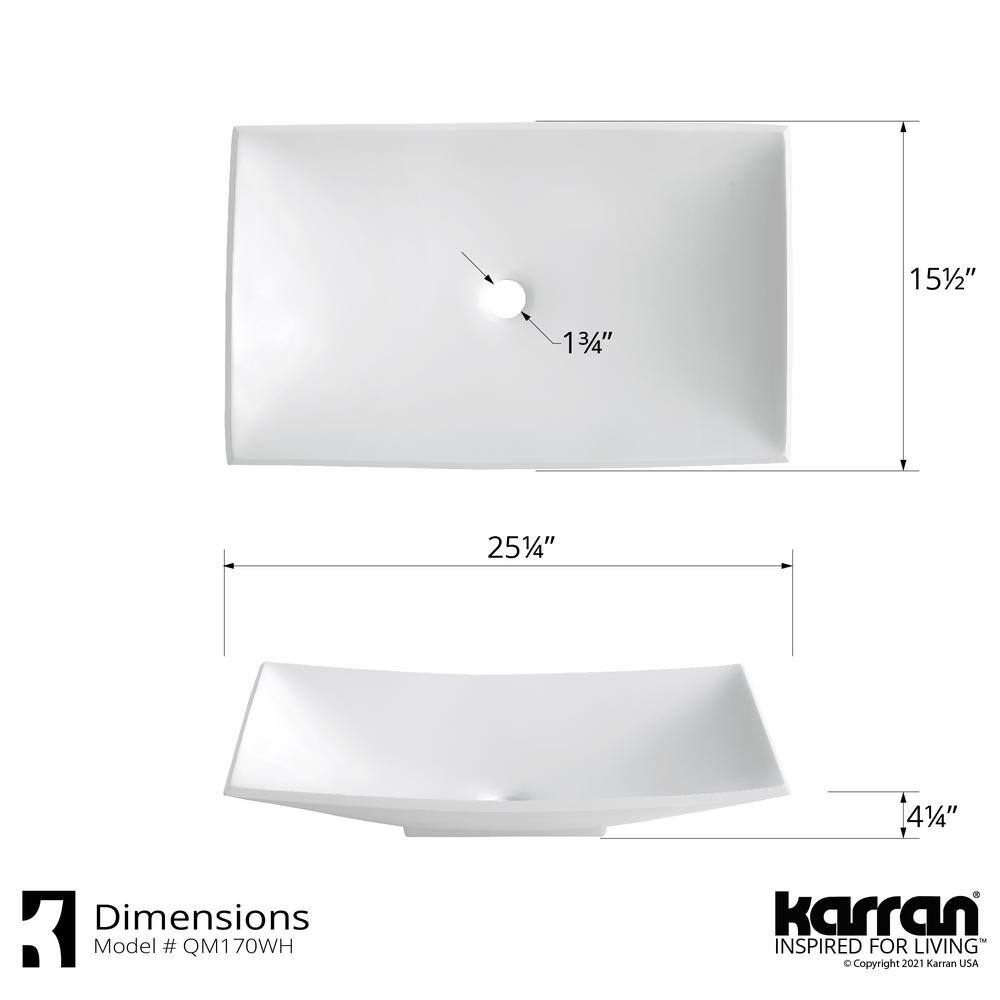 Karran Quattro 25 in. Matte White Acrylic Rectangular Vessel Sink QM170WH