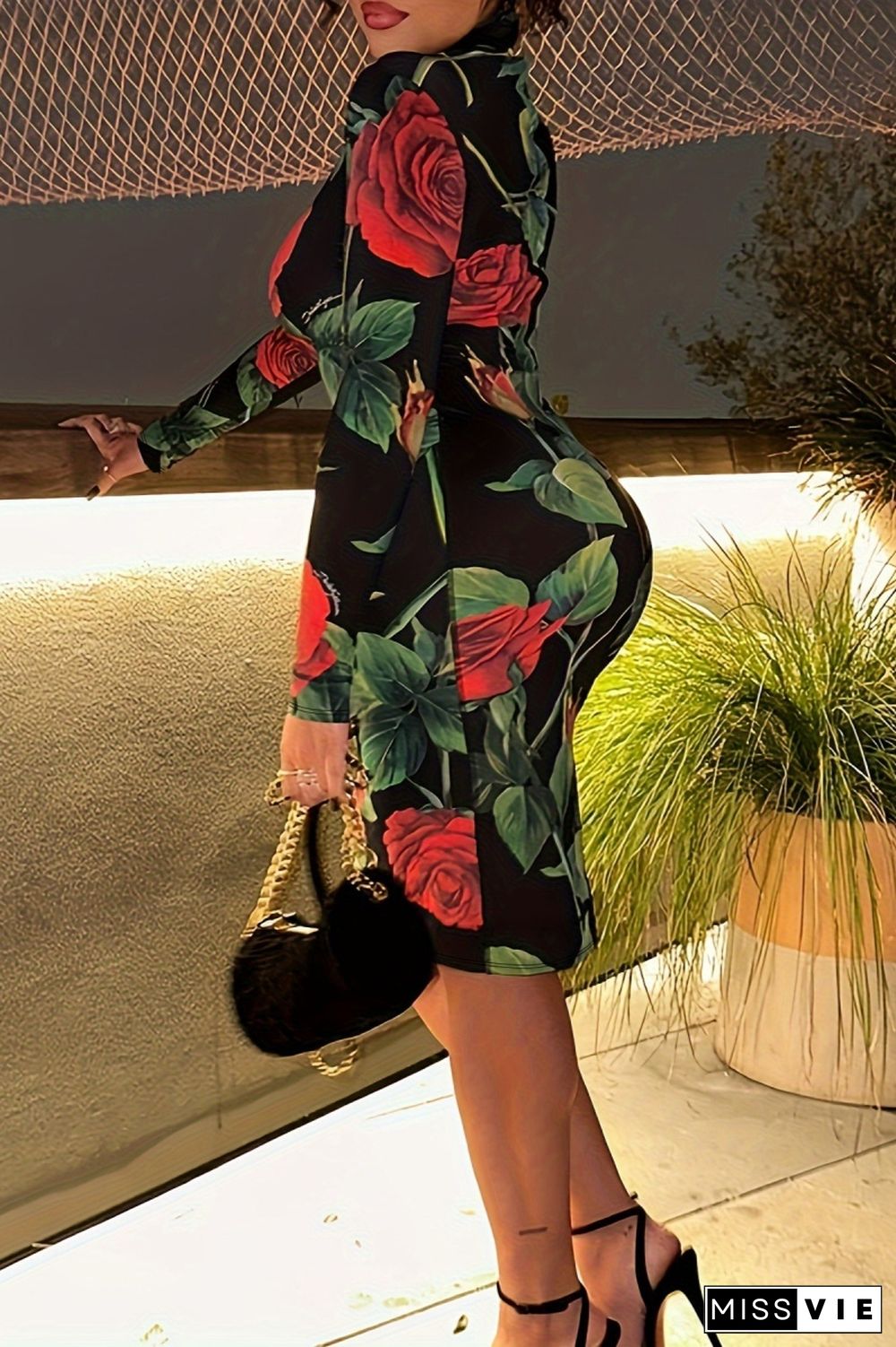 Casual Print Basic Turtleneck Long Sleeve Plus Size Dresses