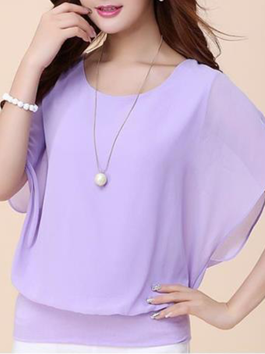 Spring Summer  Blend  Women  Crew Neck  Plain  Short Sleeve Blouses