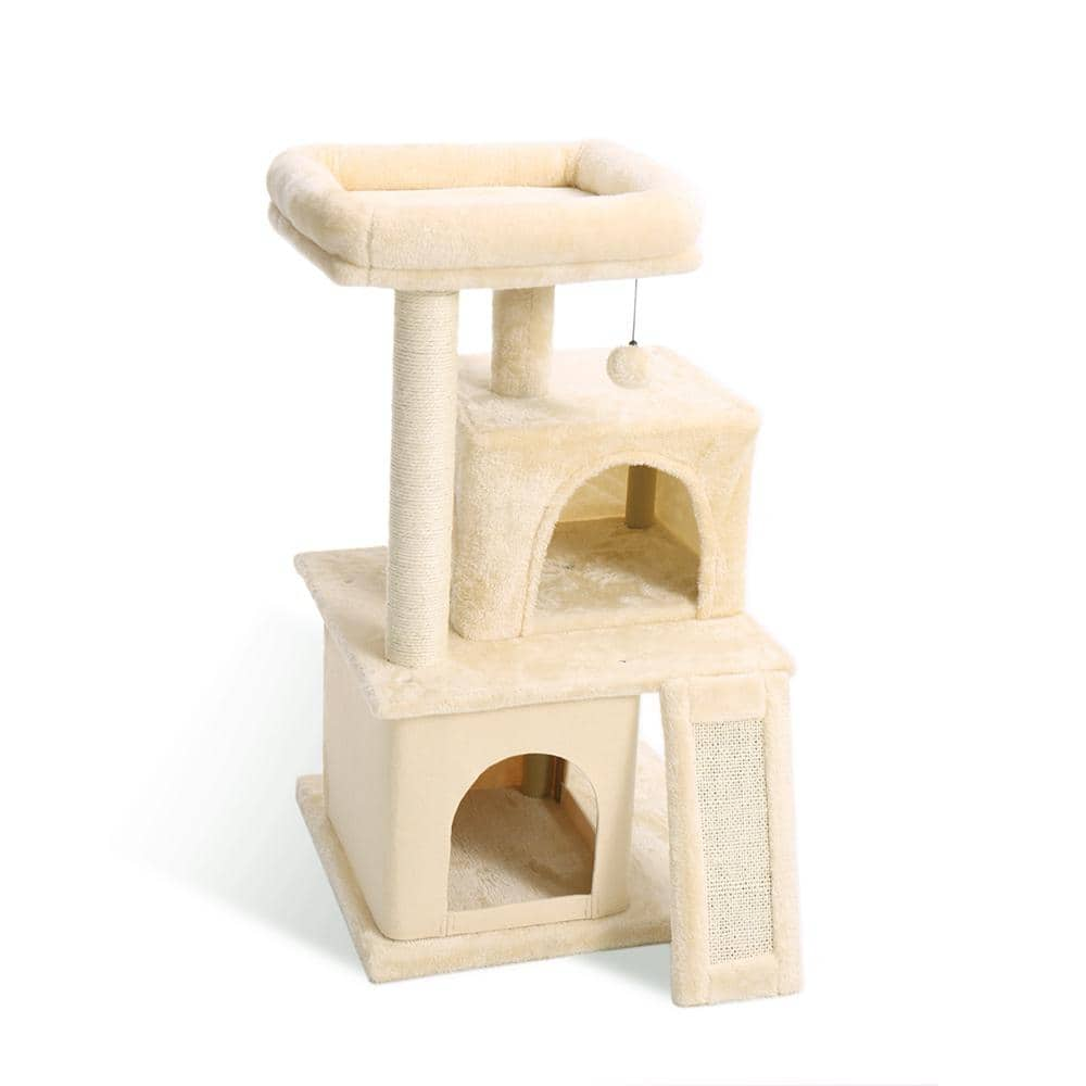 Foobrues Beige Cat Tree Sisal Scratching Post Plush Condo Playhouse with Dangling Toys L-W79632459