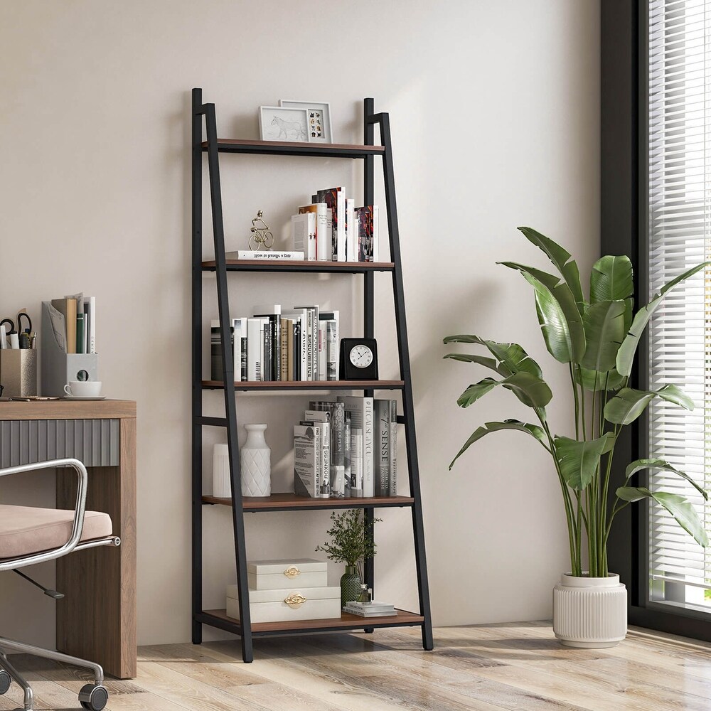 Costway Industrial Ladder Shelf Rustic 5 Tier Leaning Bookshelf Wood   See Details