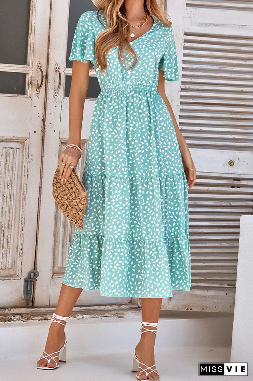 V Neck Printed High Waist Tiered Maxi Dress