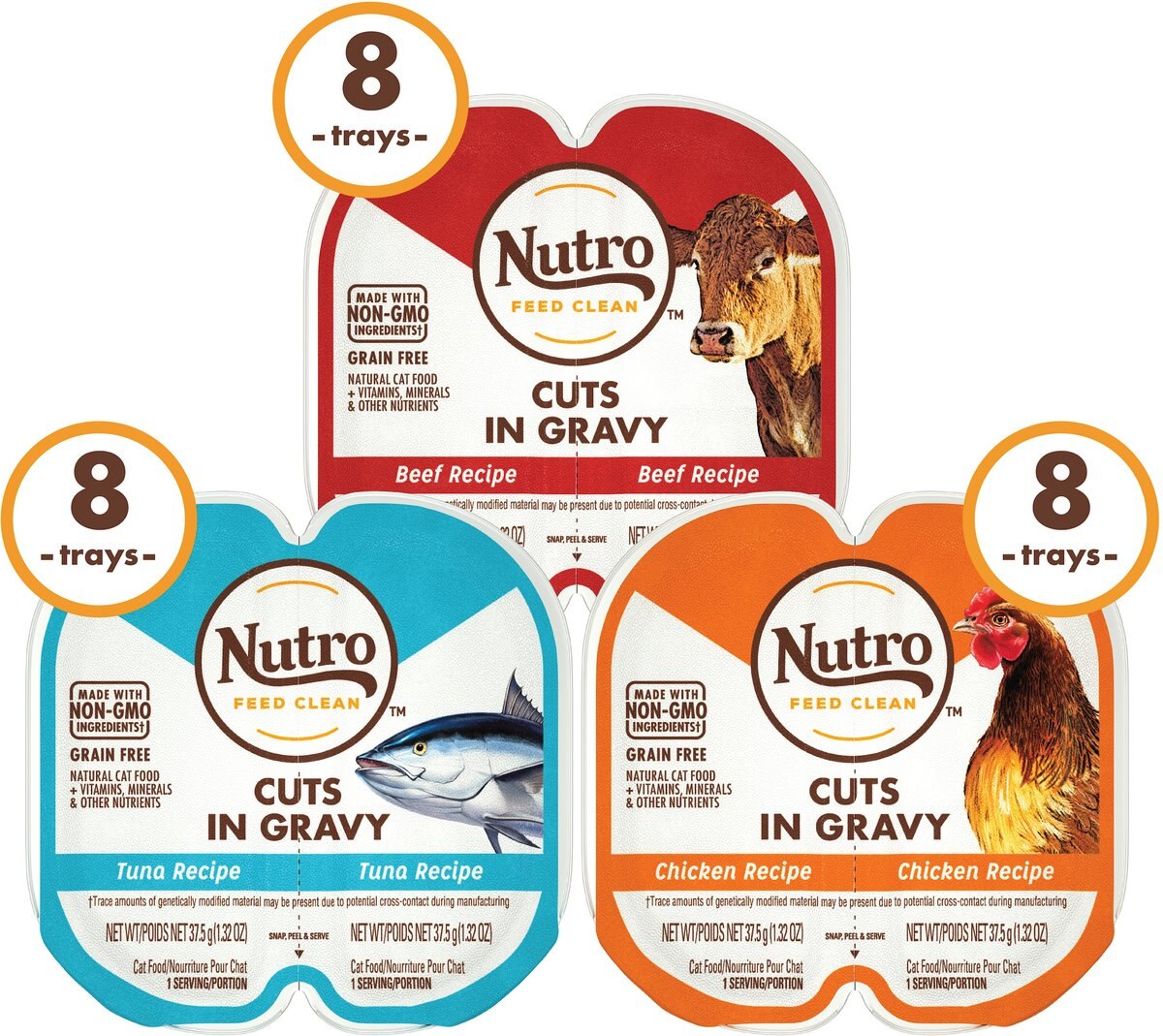 Nutro Perfect Portions Grain-Free Cuts in Gravy Variety Pack Beef， Tuna and Chicken Recipe Adult Cat Food Trays