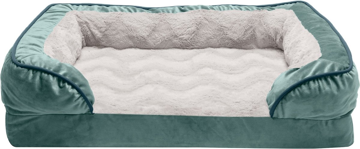 FurHaven Velvet Waves Perfect Comfort Orthopedic Sofa Cat and Dog Bed， Celadon Green， Medium