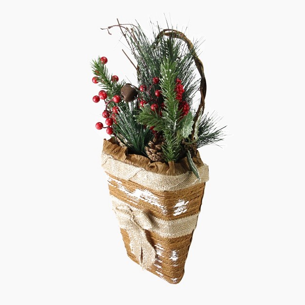 Brown And Green Frosted Pine Cones Artificial Christmas Basket