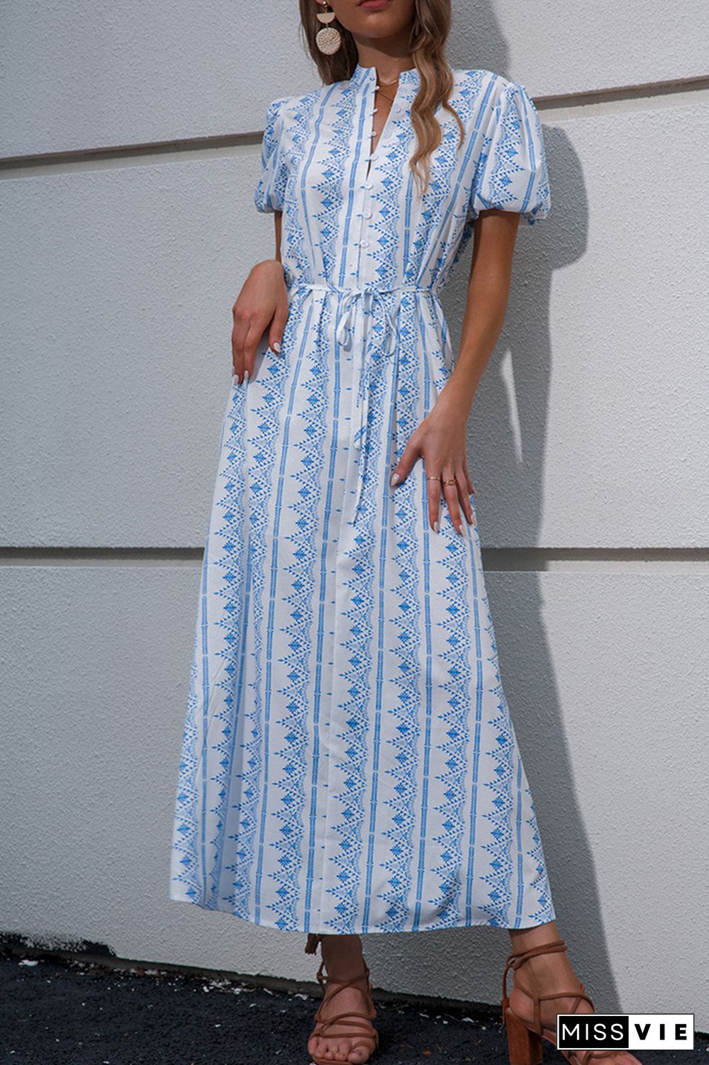 Blue Printing Button Waist Tie Long Dress