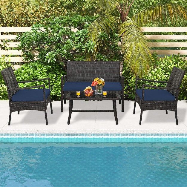 Tangkula 4 Pieces Outdoor Patio Pe Wicker Sofa W Tempered Glass Coffee Table For Porch amp Backyard