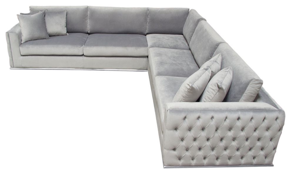 Envy 3 Piece Sectional  Platinum Gray Velvet With Detail and Silver Metal Trim   Contemporary   Sectional Sofas   by HedgeApple  Houzz