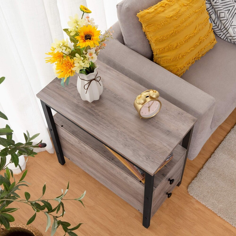 Chairside Table with Drawer and Open Storage Shelf  Narrow Nightstand for Small Spaces  Stable and Sturdy Construction