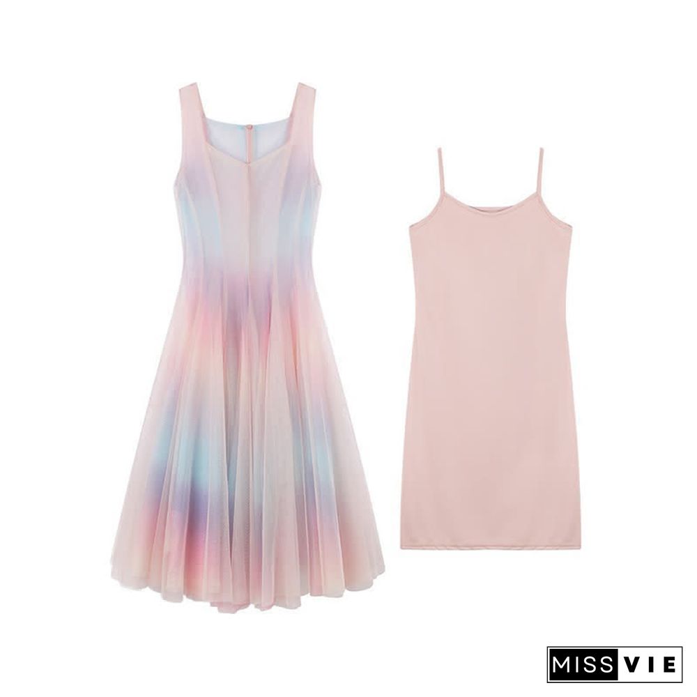 Chic Rainbow Print A-line Tulle Slip Dress Two Pieces