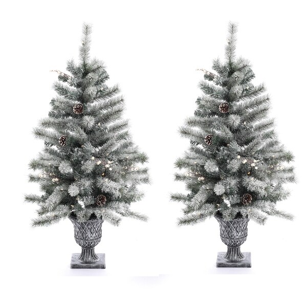 4Ft PreLit LED Artificial Flocked Pine Christmas Tree Potted (Set of 2)