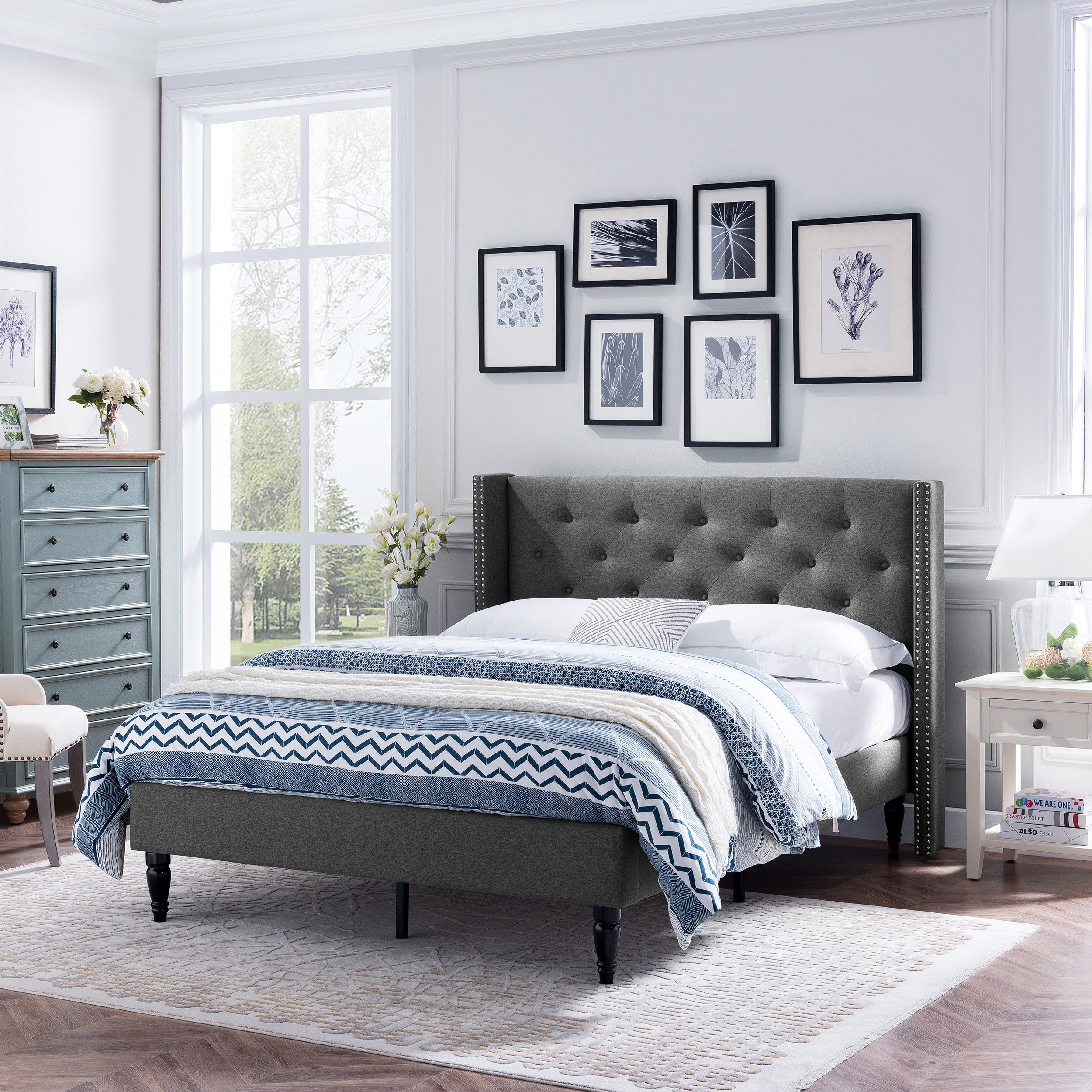 Ray Contemporary Rhinestone-Tufted Wingback Bed Frame with Nailhead Trim