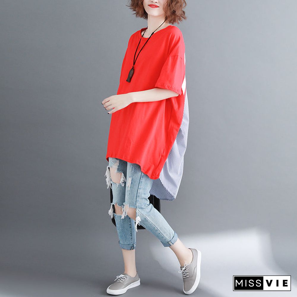 baggy red pure linen cotton blouse casual shirts boutique o neck striped Batwing Sleeve cotton clothing