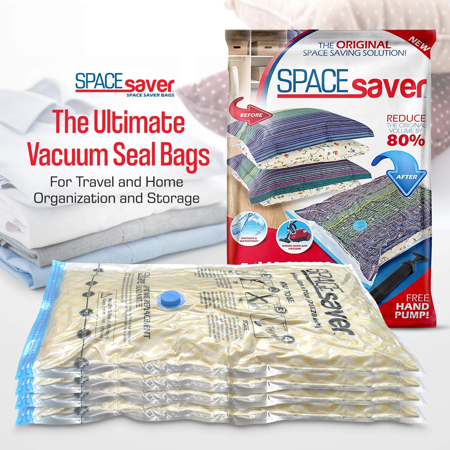 Spacesaver Premium Vacuum Storage Bags. 80% More Storage! Hand-Pump for Travel! Double-Zip Seal and Triple Seal Turbo-Valve for Max Space Saving! (Variety 4)