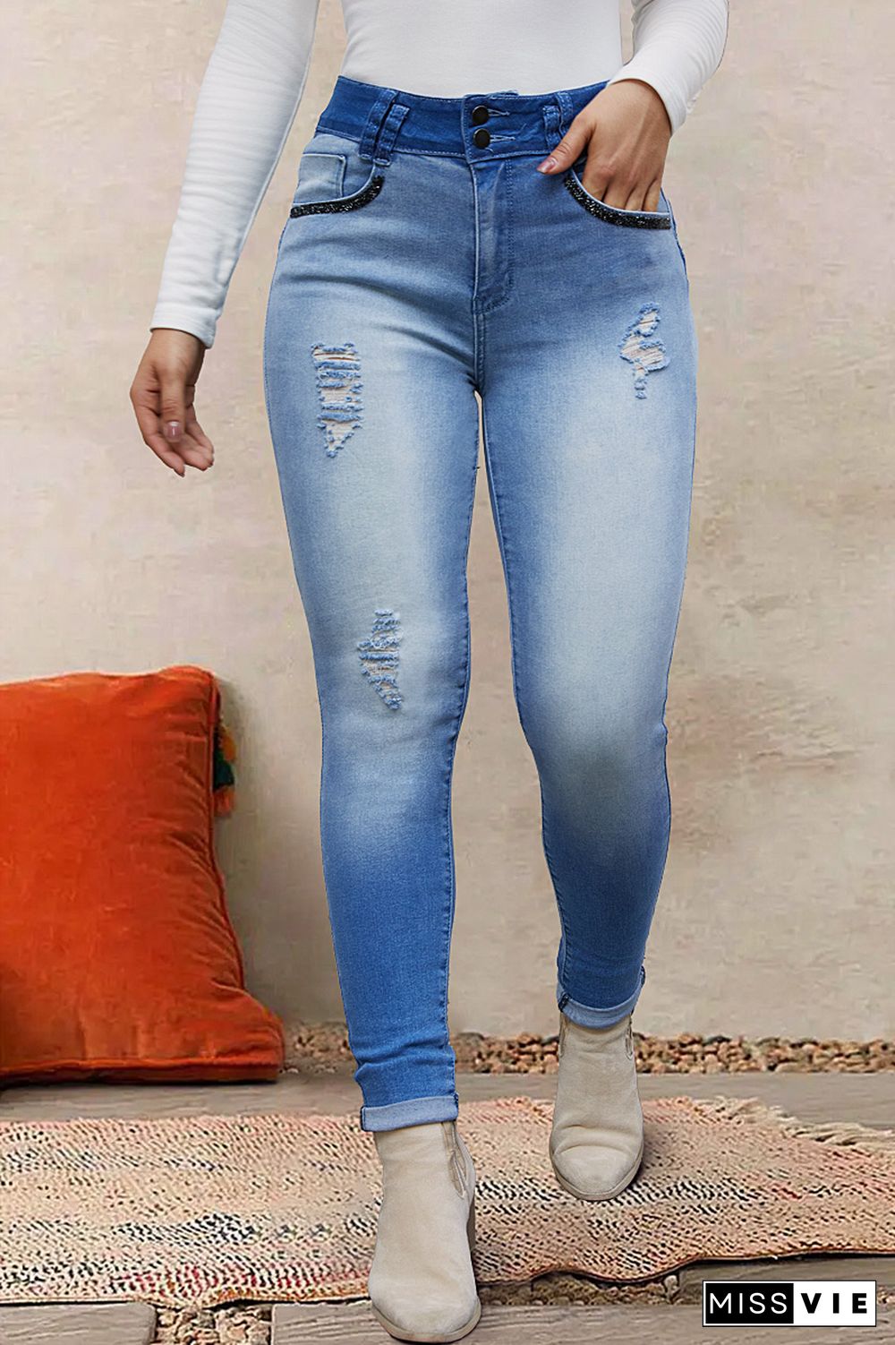 Ripped Button Front Roll Up Hem High Waist Skinny Jeans