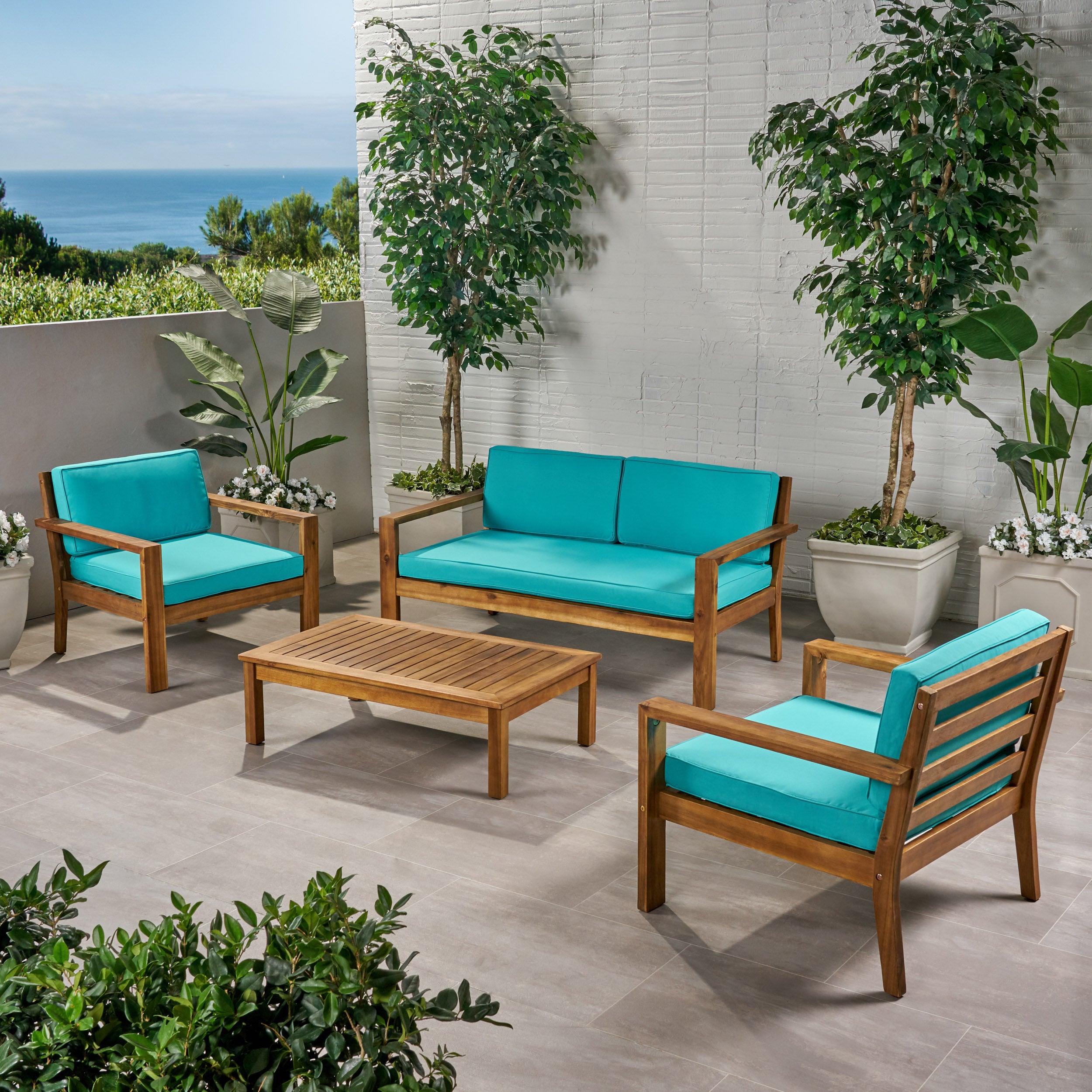 Gloria Outdoor 4 Seater Acacia Wood Chat Set with Cushions