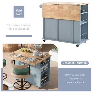 Runesay Gray Blue Rubberwood Folding Cable Countertop 39.8 in. W Kitchen Island Cart with Wine Rack and Side Shelf Compartment KIGYBE5567203