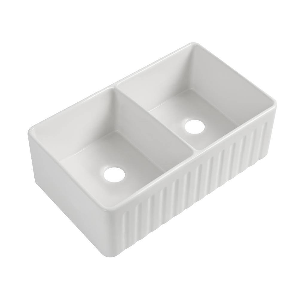 ANGELES HOME White Fireclay 30 in. Double Bowl Farmhouse Apron Kitchen Sink with Grid and Strainer SACA-9JYD8229WH