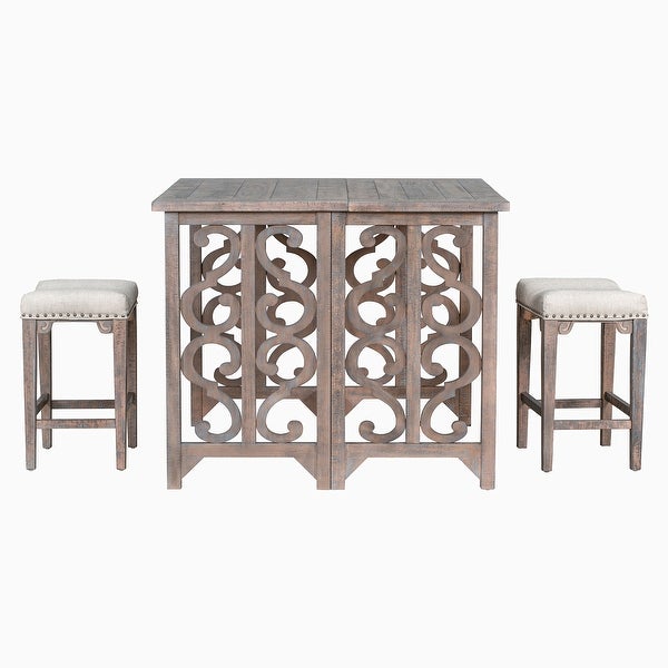 3-Piece Solid Wood Counter Height Dining Set with Foldable Table and 2 Saddle Stools