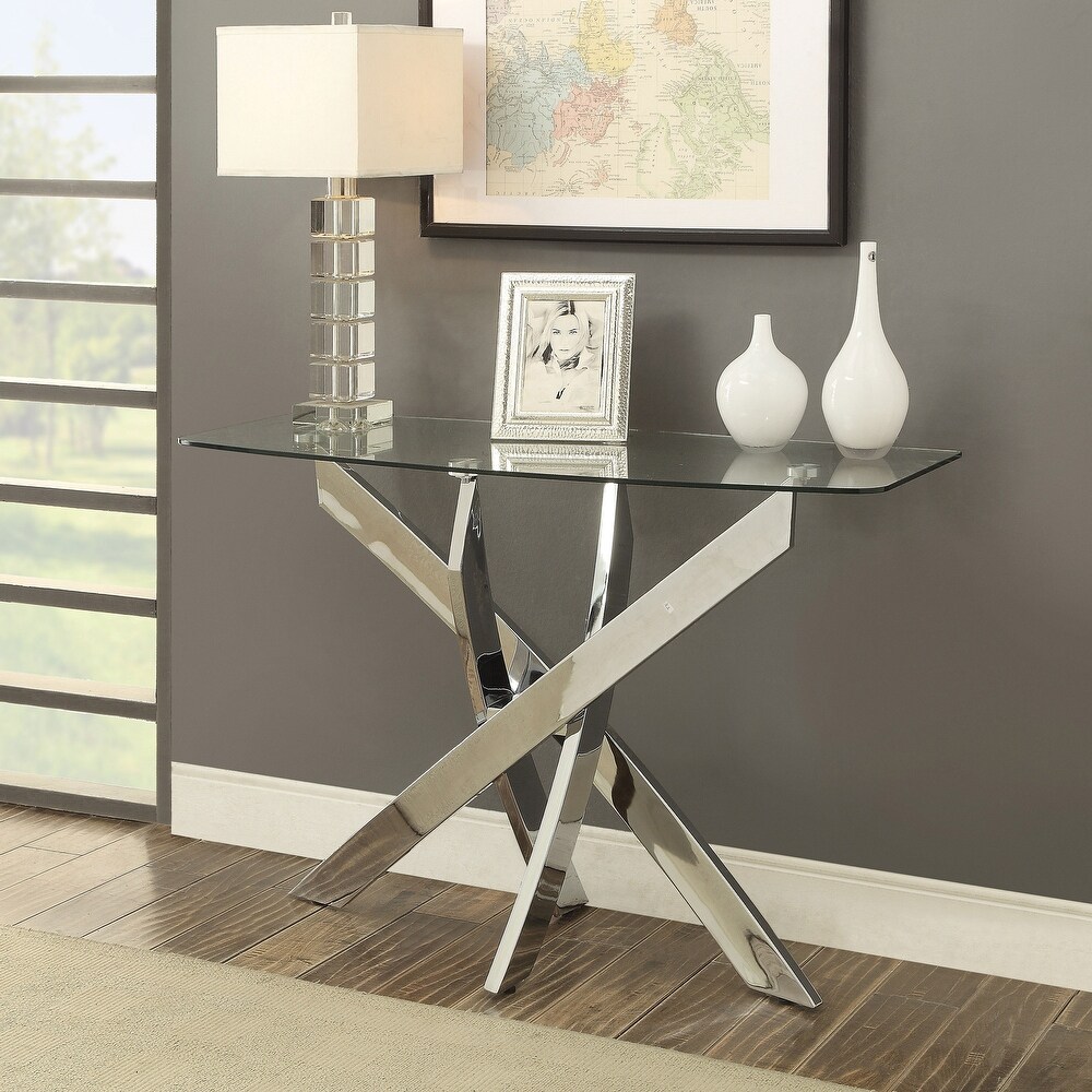 Dess Modern Chrome 45 inch Glass Top X cross Sofa Table by Furniture of America