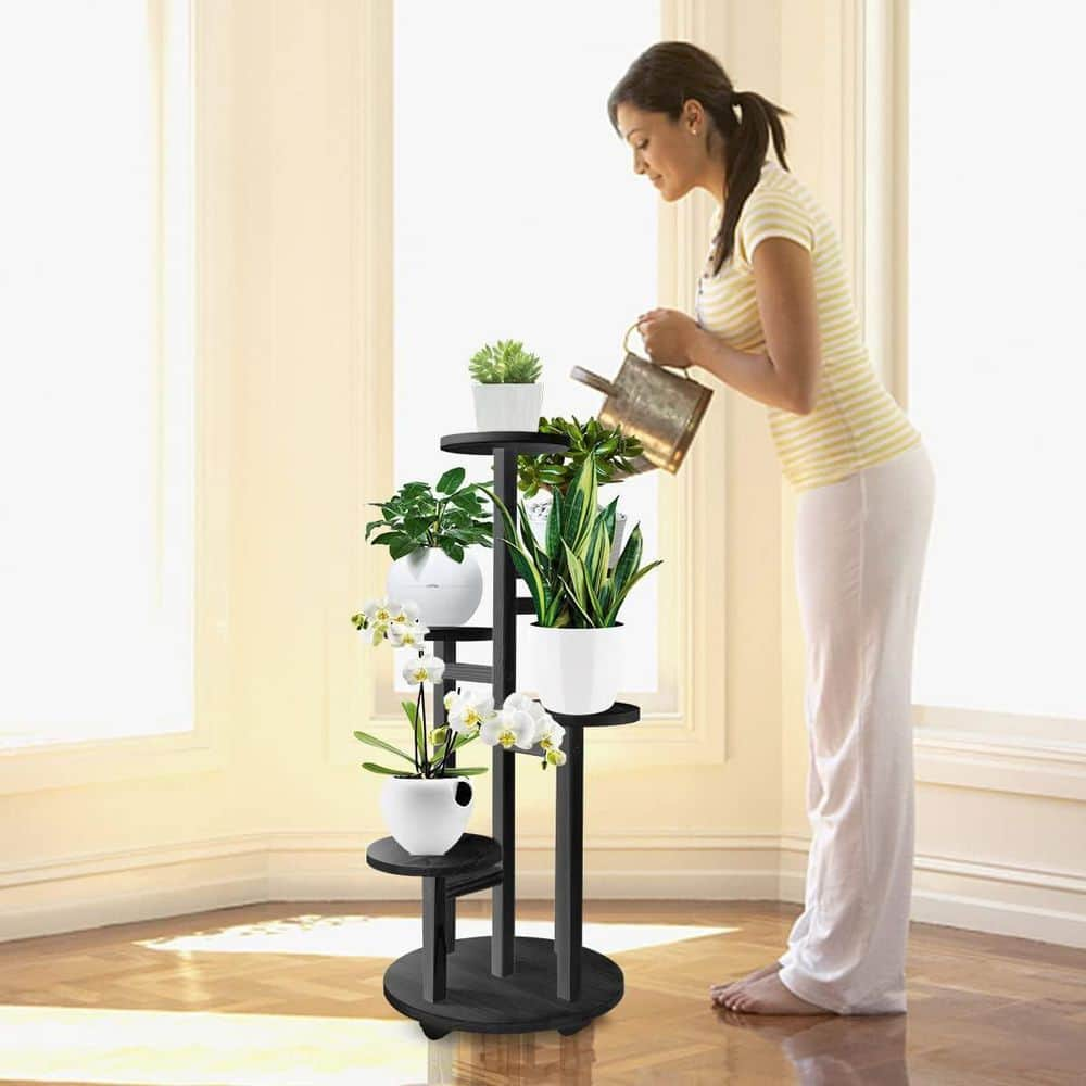 Dyiom 34 in. Indoor/Outdoor Black Wood Plant Stand for Outdoor (5-Tiered) B09VZWZ572