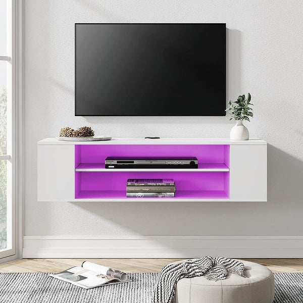 White Floating TV Stand with Colorful LED Lights， Floating Entertainment Center Wall Mounted， Floating TV Media Console