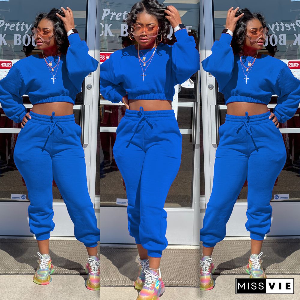 Thicken Long Sleeve Crop Top Sweatpants Set