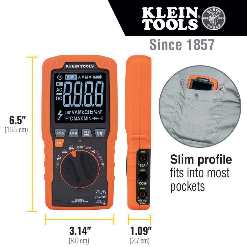 Klein Tools Slim Digital Multimeter TRMS Auto-Ranging 600-Volt Temp MM450