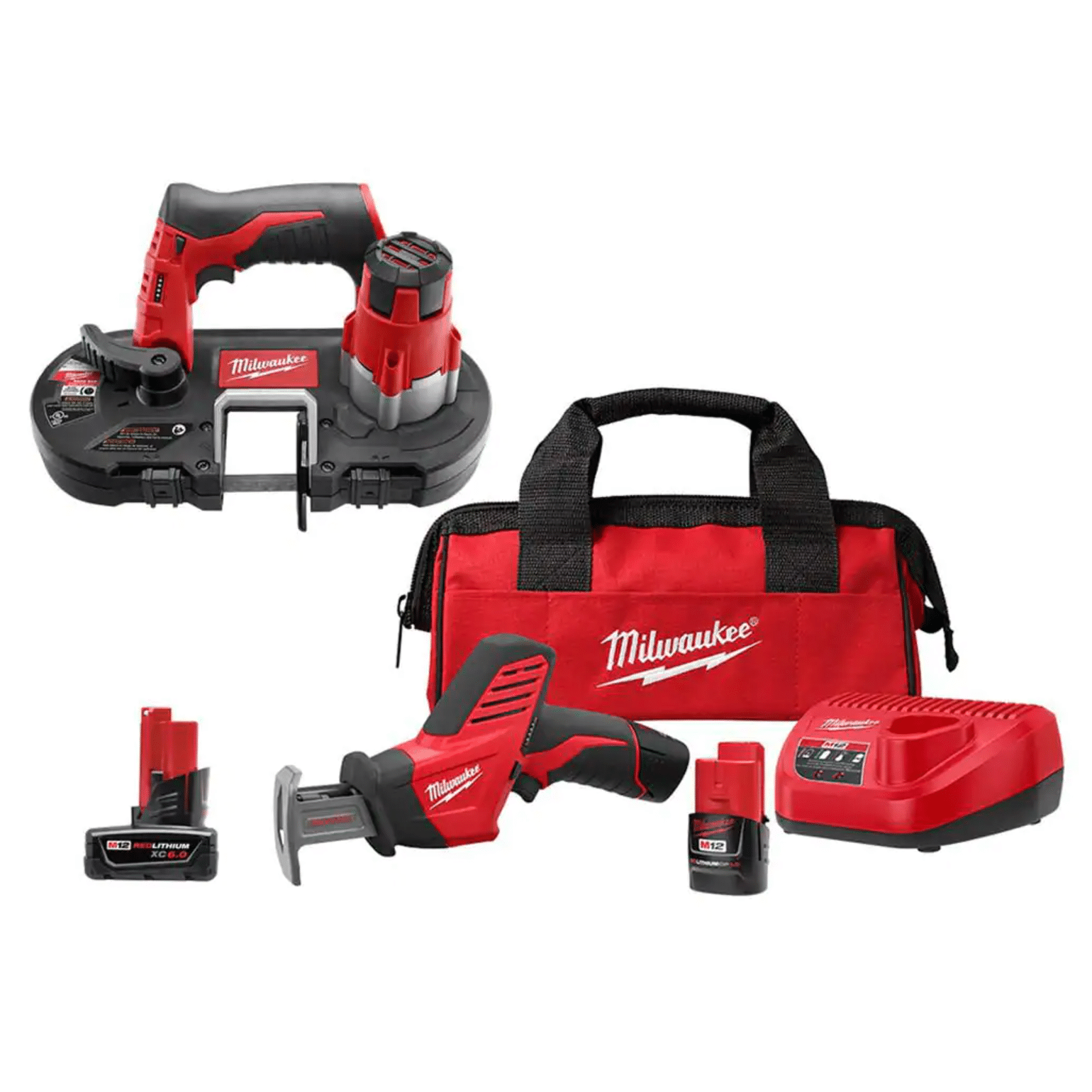 Milwaukee M12 12V Lithium-Ion HACKZALL Cordless Reciprocating Saw Kit w/ M12 Sub-Compact Band Saw and 6.0Ah XC Battery Pack