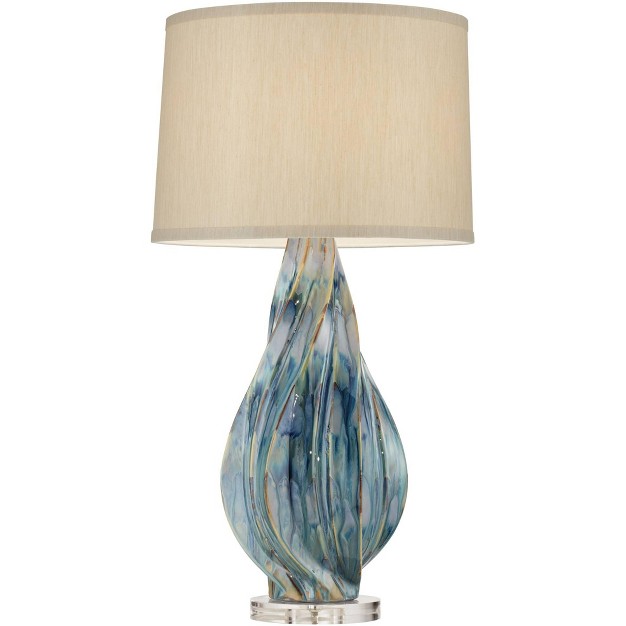 Tall Teal Blue Ceramic With Table Top Dimmer Beige Fabric Drum Shade For Bedroom Living Room Bedside