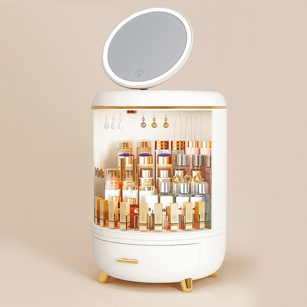 Round Makeup Storage Organizer Box with Mirror Led Light