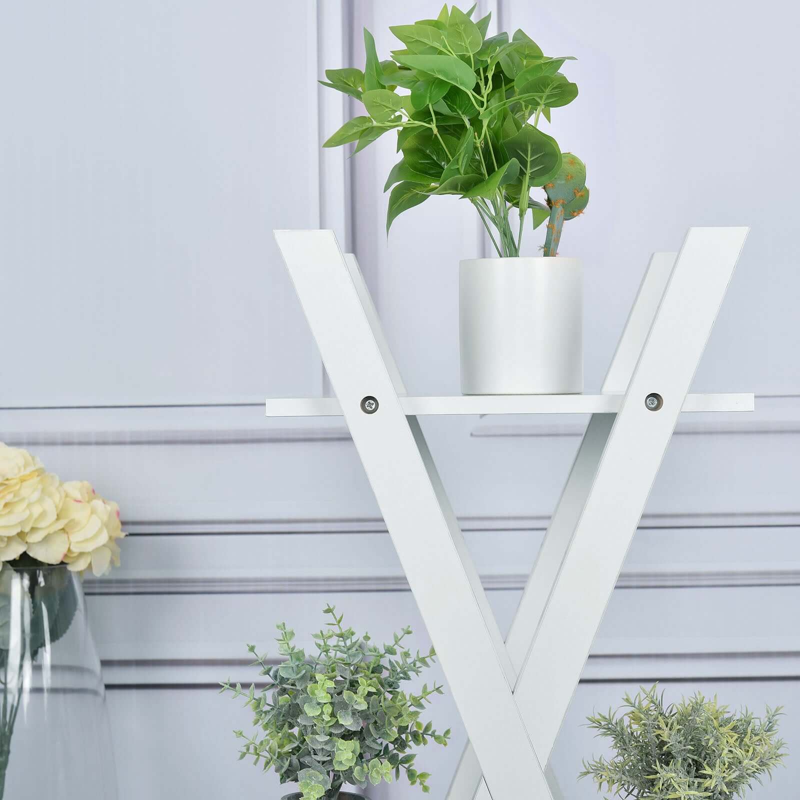 3-Tier White Wooden Plant Stand, X-Frame Display Shelf Accent Rack 44