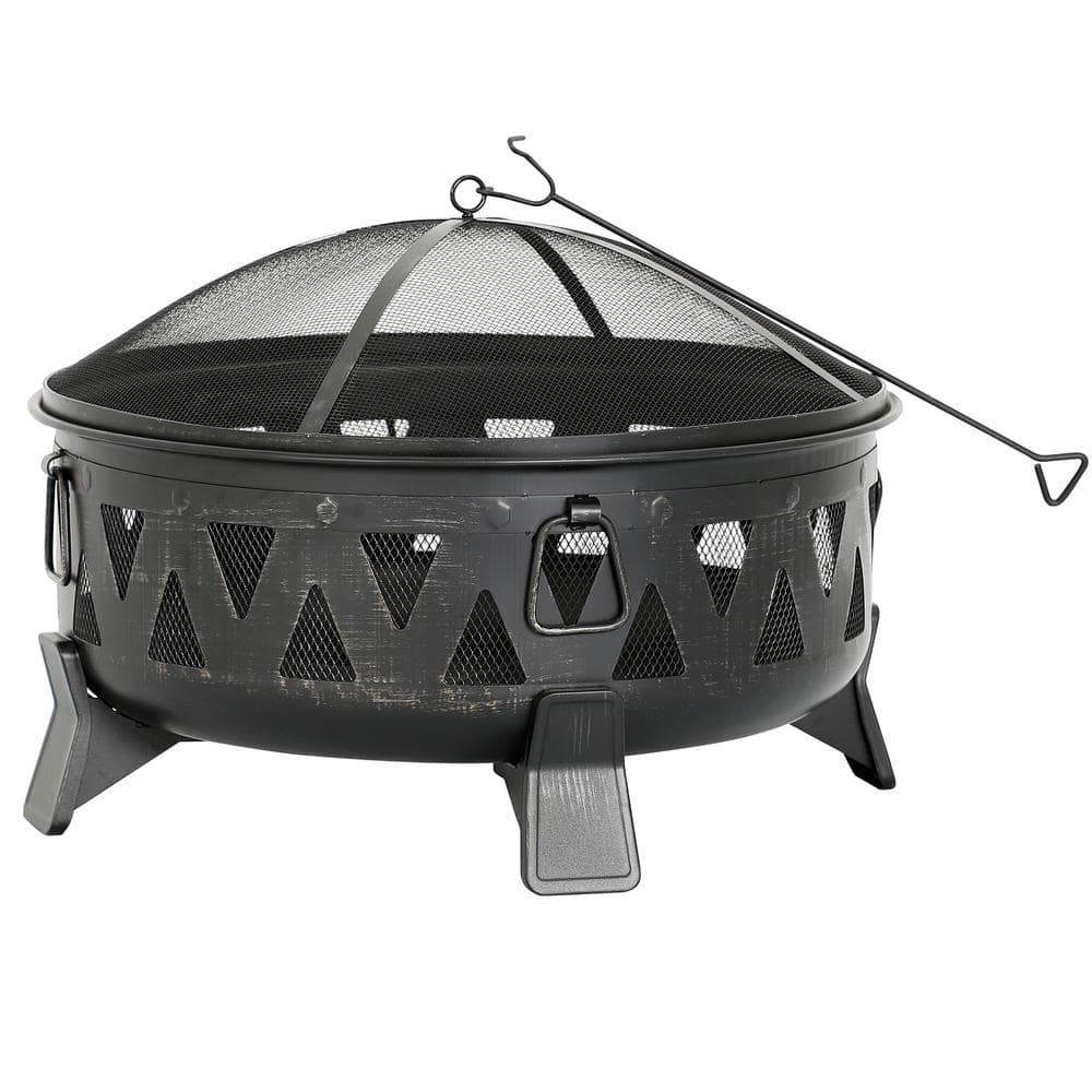 HeatMaxx 29.9 in. Outdoor Wood Burning Fire Pit Round Deep Bowl Fire Pit with Spark Screen Cover and Poker for Backyard Garden SRFP11354