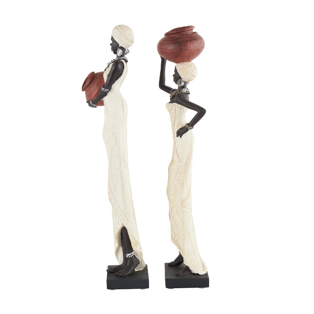 Cream Polystone Standing African Woman Sculpture with Red Water Pots and Black Base (Set of 2)   2 ASST 16\