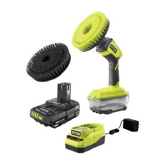 RYOBI ONE+ 18V Cordless Compact Power Scrubber Kit with 2.0 Ah Battery Charger and 8 in. Hard Bristle Brush P4510K-A95HB81