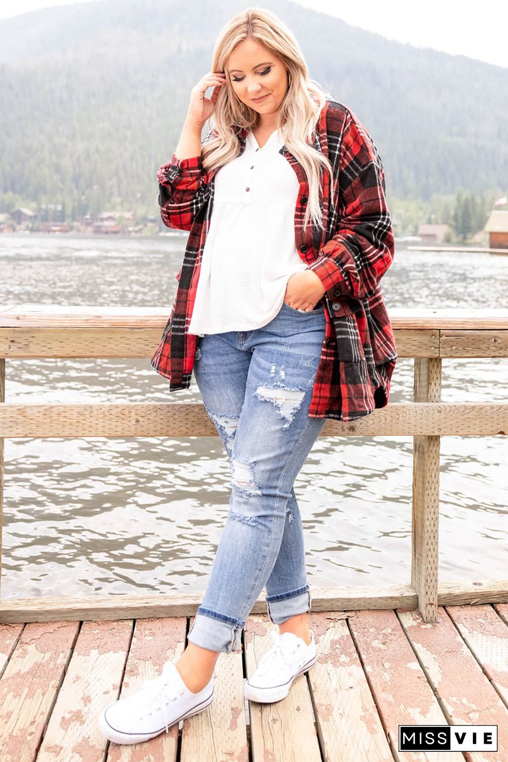 Plaid Print Buttoned Long Sleeve Plus Size Shirt