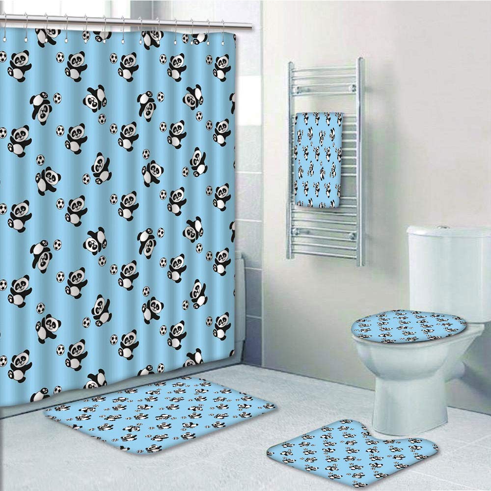 PRTAU Soccer Cute Panda Player Kicking a Ball Kids Boys Fun Animal 5 Piece Bathroom Set Shower Curtain Bath Towel Bath Rug Contour Mat and Toilet Lid Cover