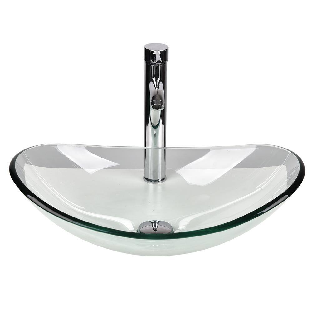 Puluomis Glass Oval Vessel Sink in Clear with Faucet Pop Up Drain Set USBG007