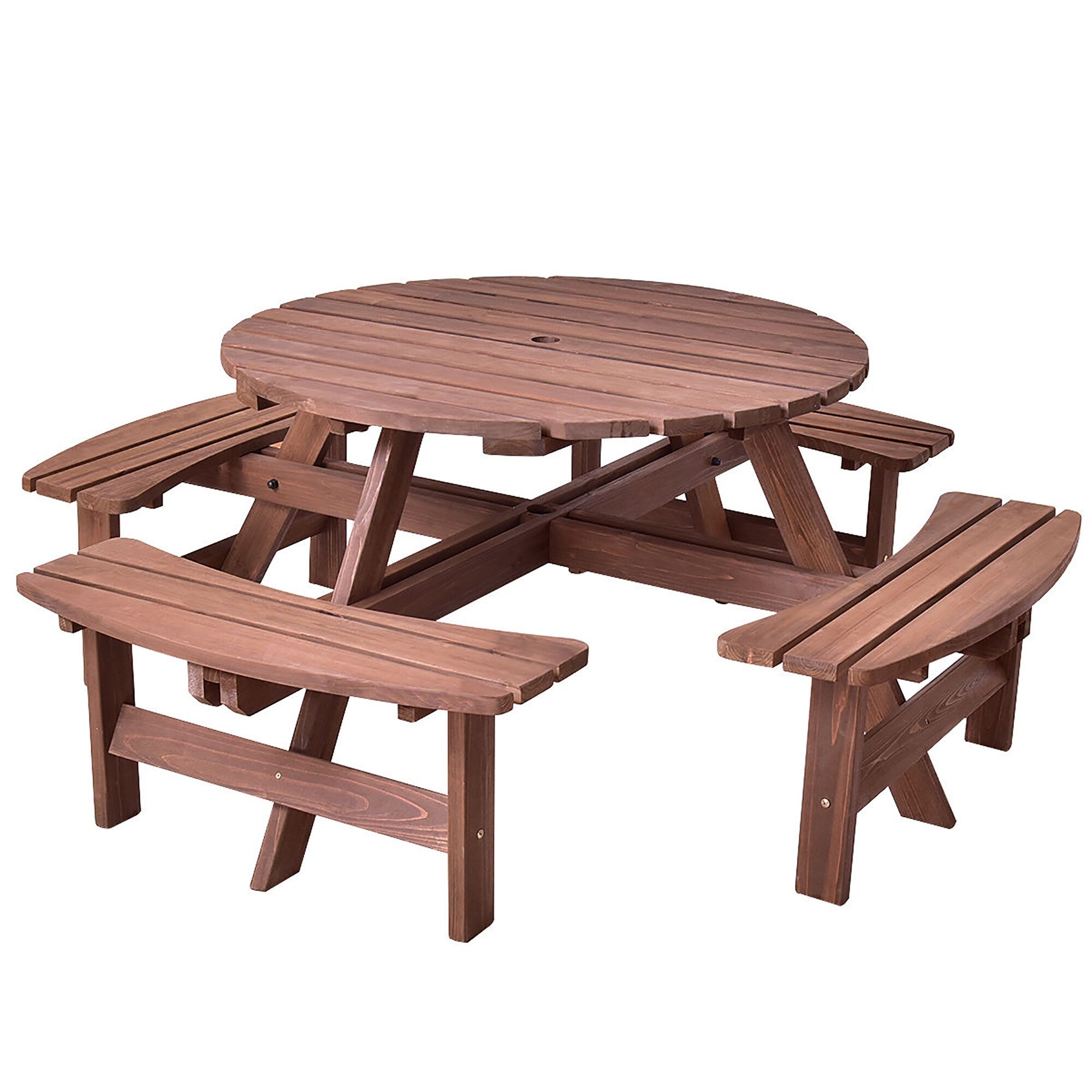 Patio Wooden Picnic Table Set Outdoor Round Table with Umbrella Hole