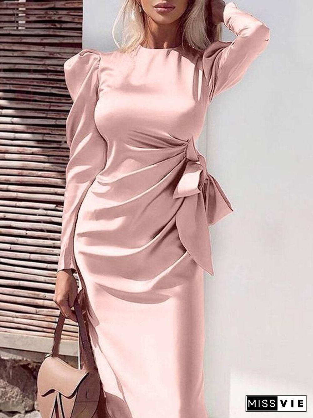 Elegant Bow Lace-up Draped Irregular Dress Office Sexy Slit Solid Long Dresses Women Fashion Long Sleeved Bodycon Dress Vestidos